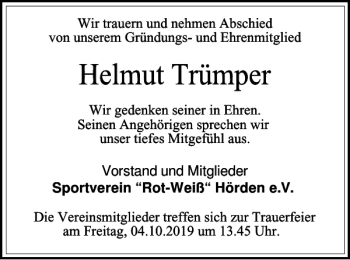 Traueranzeige von Helmut Trümper von Harz Kurier