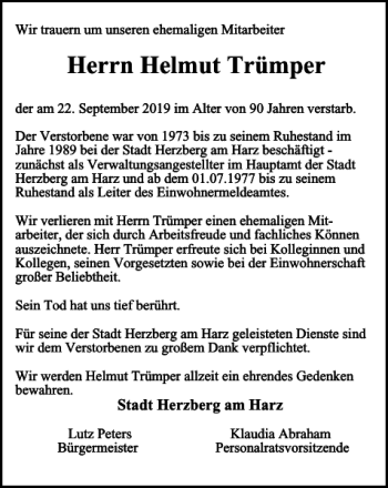 Traueranzeige von Helmut Trümper von Harz Kurier