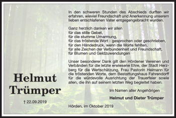 Traueranzeige von Helmut Trümper von Harz Kurier