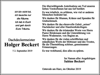 Traueranzeige von Holger Beckert von Harz Kurier