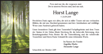 Traueranzeige von Horst Lange von Harz Kurier