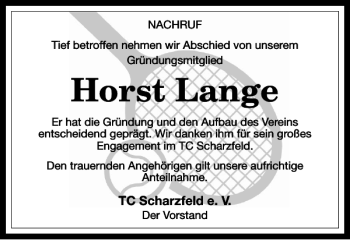 Traueranzeige von Horst Lange von Harz Kurier