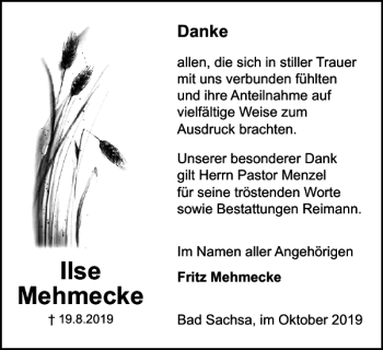 Traueranzeige von Ilse Mehmecke von Harz Kurier