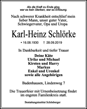 Traueranzeige von Karl-Heinz Schlörke von Harz Kurier