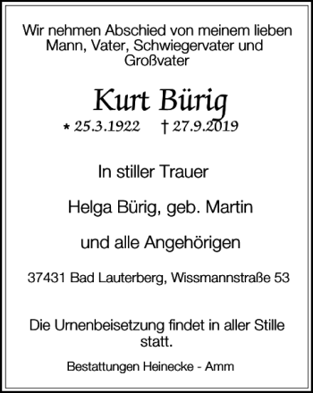 Traueranzeige von Kurt Bürig von Harz Kurier