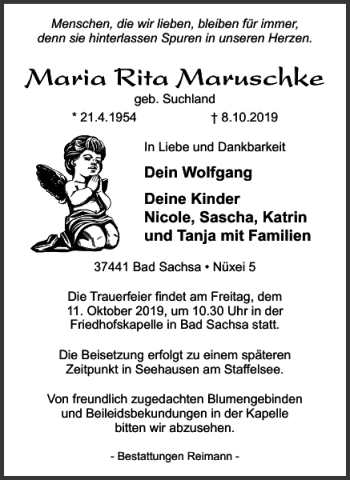 Traueranzeige von Maria Rita Maruschke von Harz Kurier