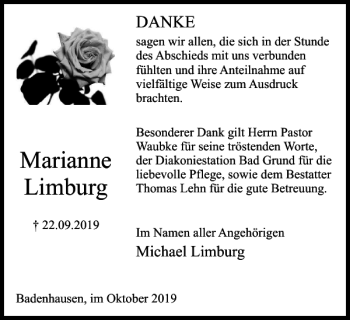 Traueranzeige von Marianne Limburg von Harz Kurier