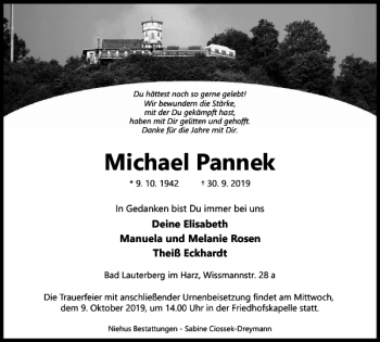 Traueranzeige von Michael Pannek von Harz Kurier