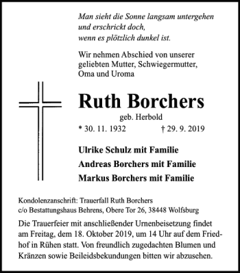 Traueranzeige von Ruth Borchers von Harz Kurier