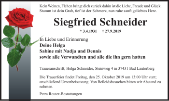 Traueranzeige von Siegfried Schneider von Harz Kurier
