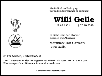 Traueranzeige von Willi Geile von Harz Kurier