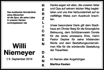 Traueranzeige von Willi Niemeyer von Harz Kurier