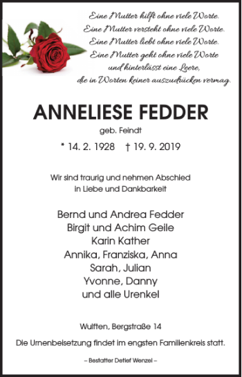 Traueranzeige von ANNELIESE FEDDER von Harz Kurier
