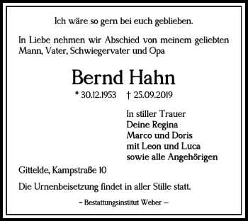 Traueranzeige von Bernd Hahn von Harz Kurier