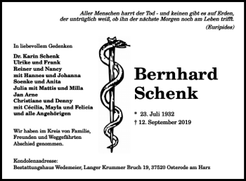 Traueranzeige von Bernhard Schenk von Harz Kurier