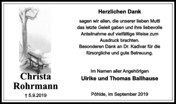Traueranzeige von Christa Rohrmann von Harz Kurier