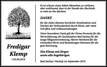 Traueranzeige von Fredigar Klemp von Harz Kurier