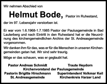 Traueranzeige von Helmut Bode von Harz Kurier