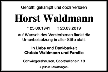 Traueranzeige von Horst Waldmann von Harz Kurier
