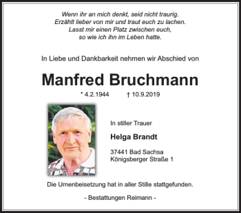 Traueranzeige von Manfred Bruchmann von Harz Kurier