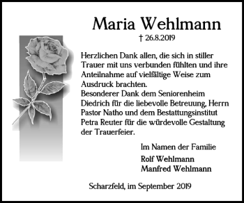 Traueranzeige von Maria Wehlmann von Harz Kurier