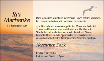 Traueranzeige von Rita Marhenke von Harz Kurier