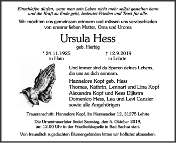 Traueranzeige von Ursula Hess von Harz Kurier