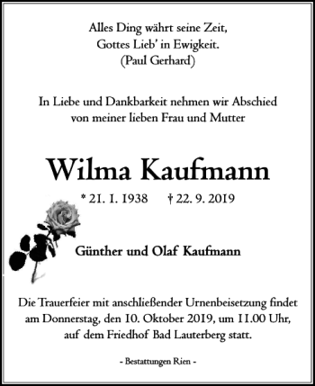 Traueranzeige von Wilma Kaufmann von Harz Kurier