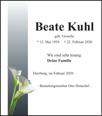 Traueranzeige von Beate Kuhl von Harz Kurier