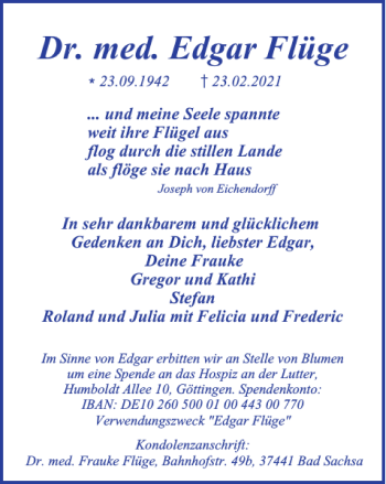 Traueranzeige von Dr. med. Edgar Flüge von Harz Kurier