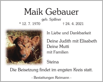 Traueranzeige von Maik Gebauer von Harz Kurier