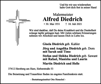Traueranzeige von Alfred Diedrich von Harz Kurier