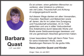 Traueranzeige von Barbara Quast von Harz Kurier