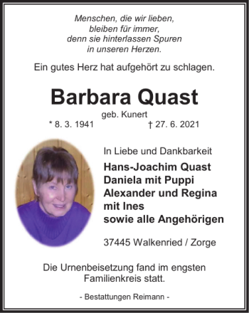 Traueranzeige von Barbara Quast von Harz Kurier