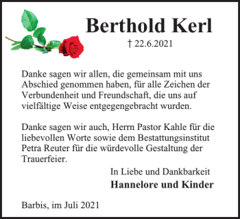 Traueranzeige von Berthold Kerl von Harz Kurier