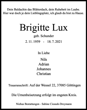 Traueranzeige von Brigitte Lux von Harz Kurier