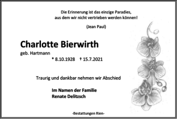 Traueranzeige von Charlotte Bierwirth von Harz Kurier