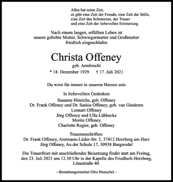 Traueranzeige von Christa Offeney von Harz Kurier