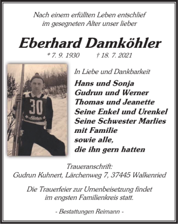 Traueranzeige von Eberhard Damköhler von Harz Kurier