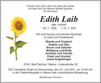 Traueranzeige von Edith Laib von Harz Kurier