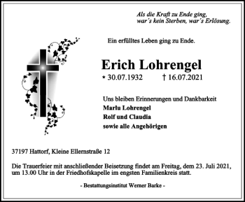 Traueranzeige von Erich Lohrengel von Harz Kurier
