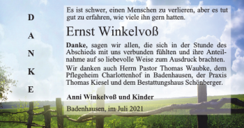 Traueranzeige von Ernst Winkelvoß von Harz Kurier