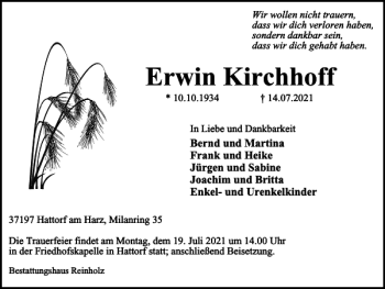 Traueranzeige von Erwin Kirchhoff von Harz Kurier