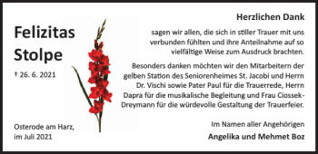 Traueranzeige von Felizitas Stolpe von Harz Kurier