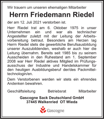 Traueranzeige von Friedemann Riedel von Harz Kurier