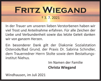 Traueranzeige von Fritz Wiegand von Harz Kurier