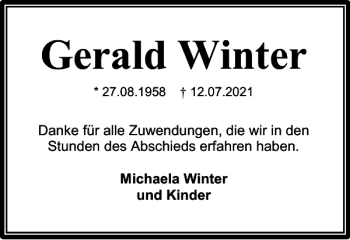 Traueranzeige von Gerald Winter von Harz Kurier