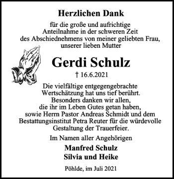 Traueranzeige von Gerdi Schulz von Harz Kurier