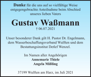 Traueranzeige von Gustav Waßmann von Harz Kurier