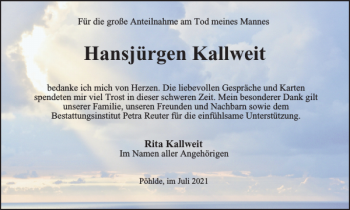 Traueranzeige von Hansjürgen Kallweit von Harz Kurier